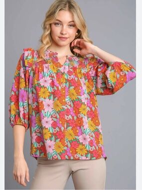 Umgee Multi Pink Orange Floral Smocked Yoke Peasant Top Size Small
